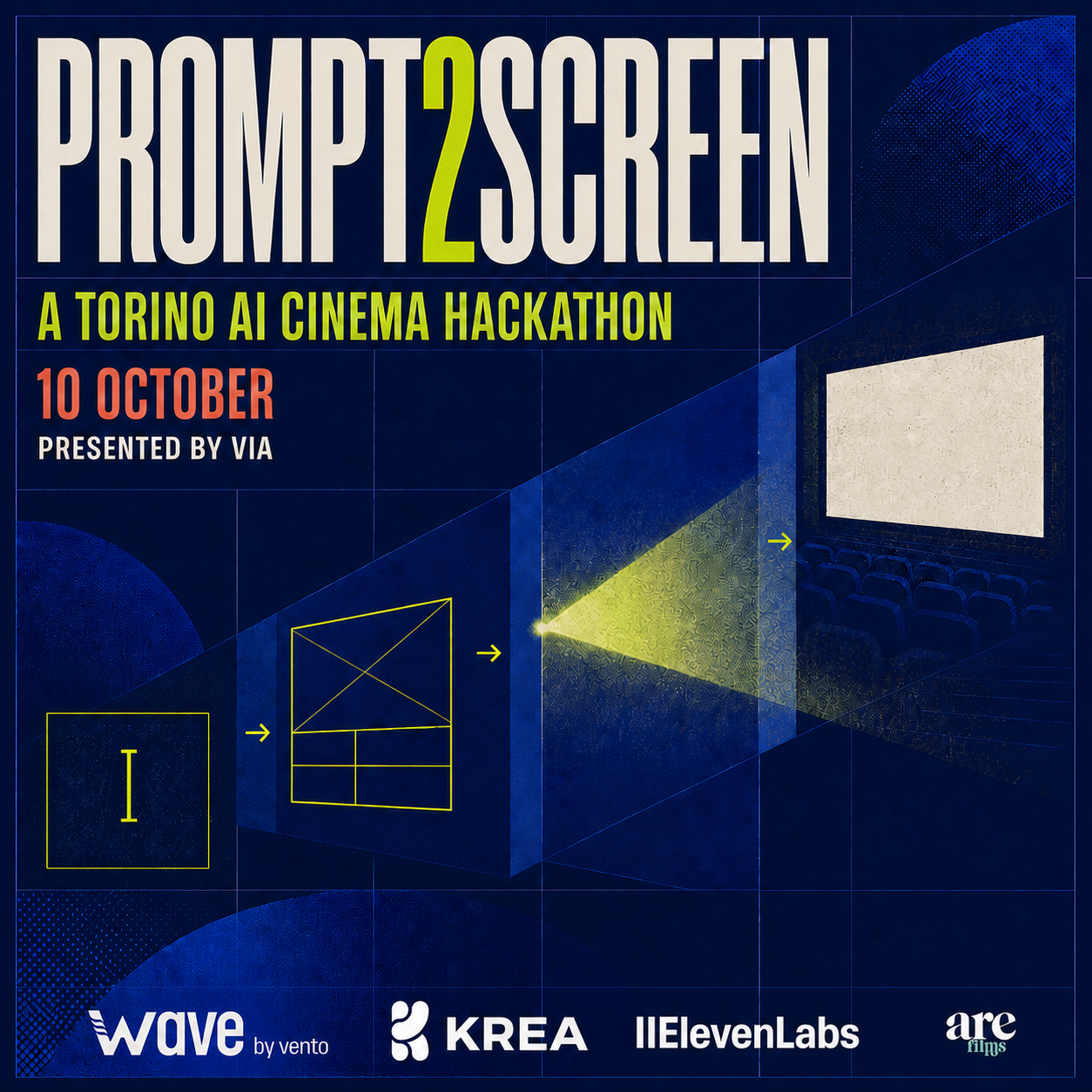 Official Prompt2Screen Torino AI cinema hackathon poster, presented by VIA
